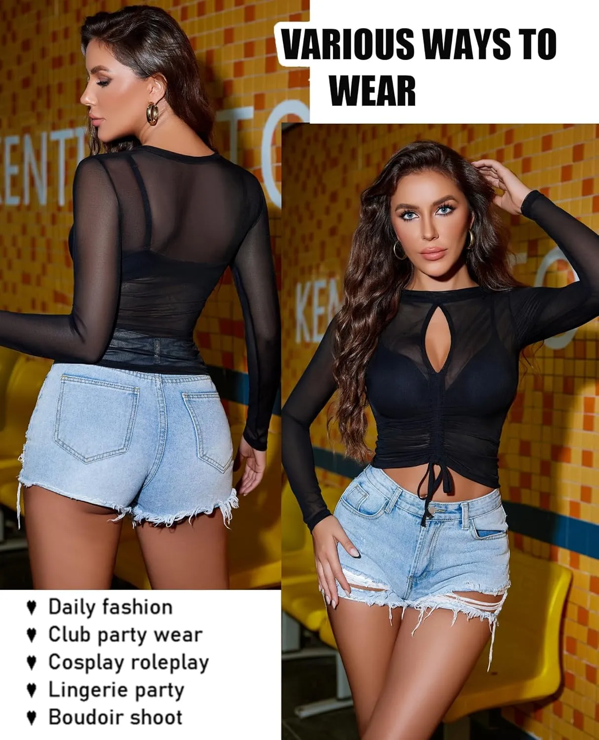Avidlove Mesh Top for Women Long Sleeve Round Neck Tee Shirt See Through Sheer Blouse Back Hollow Drawstring Slim Fit Shirt