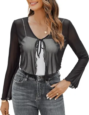 Avidlove Womens Sheer Shrug Tie Front Long Bell Sleeve Mesh Bolero Lightweight Summer Casual Short Shawl Top