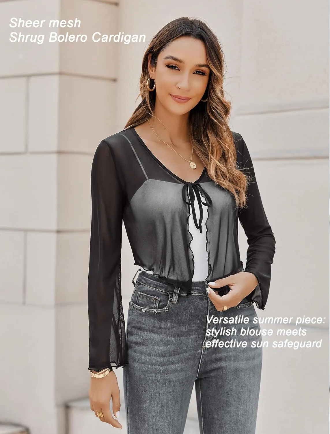 Avidlove Womens Sheer Shrug Tie Front Long Bell Sleeve Mesh Bolero Lightweight Summer Casual Short Shawl Top