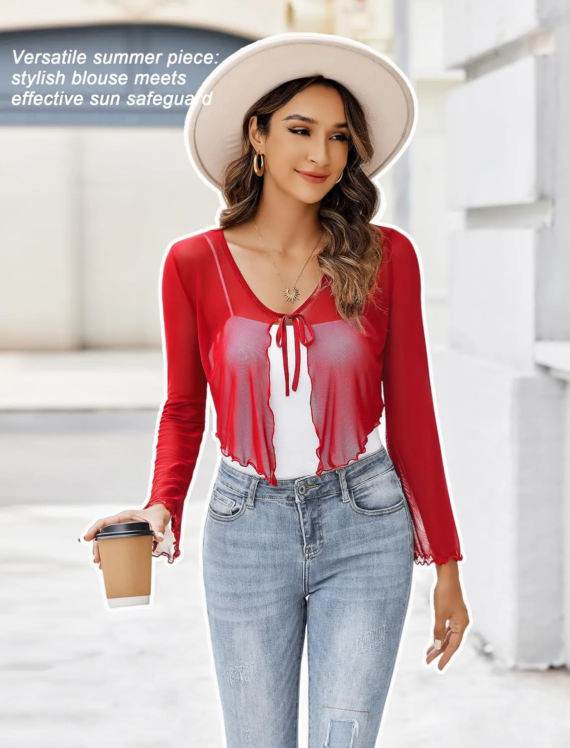 Avidlove Womens Sheer Shrug Tie Front Long Bell Sleeve Mesh Bolero Lightweight Summer Casual Short Shawl Top