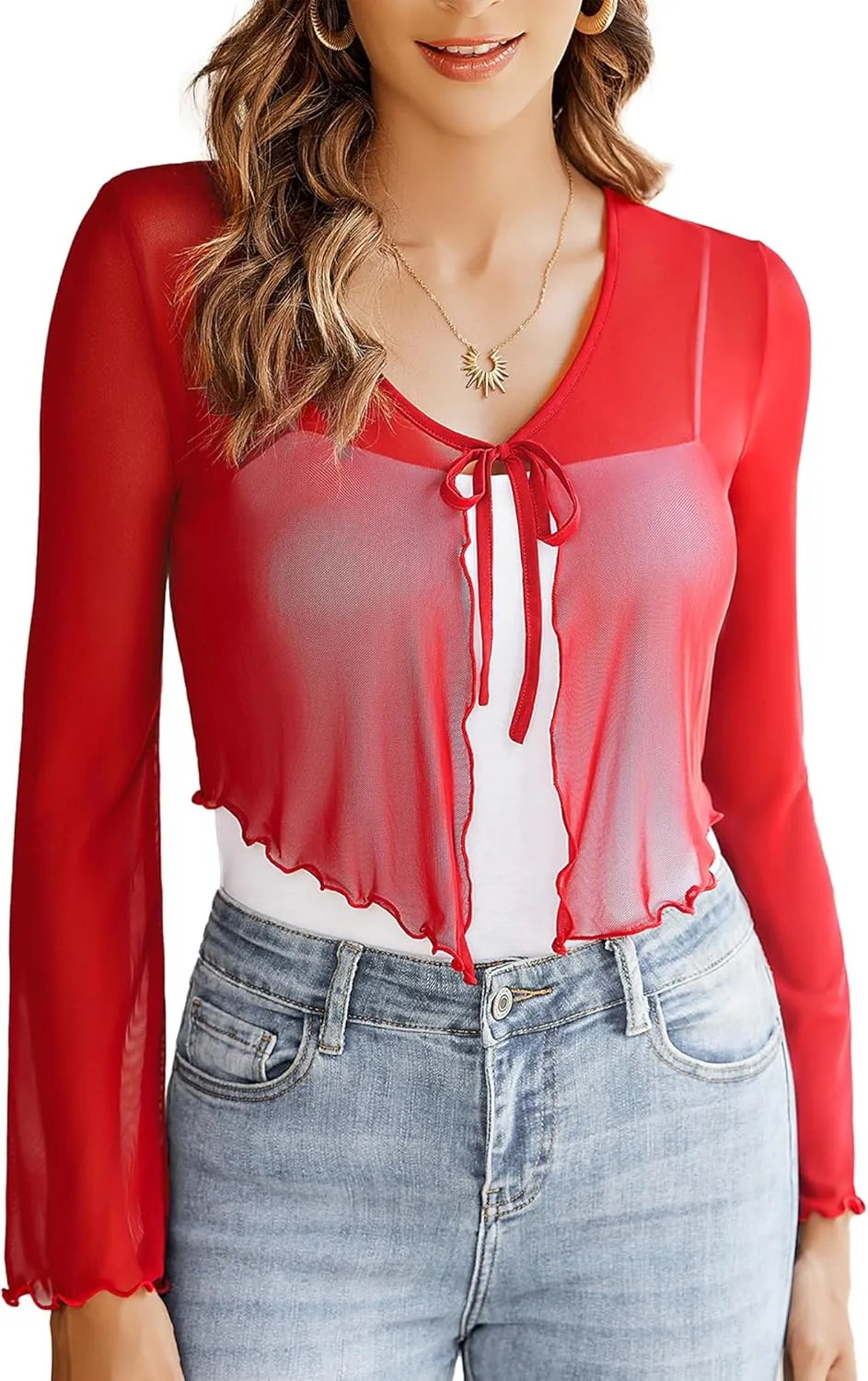 Avidlove Womens Sheer Shrug Tie Front Long Bell Sleeve Mesh Bolero Lightweight Summer Casual Short Shawl Top