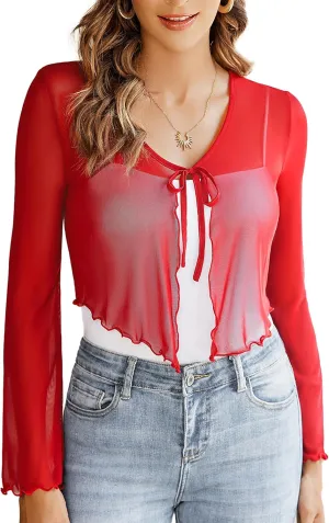 Avidlove Womens Sheer Shrug Tie Front Long Bell Sleeve Mesh Bolero Lightweight Summer Casual Short Shawl Top