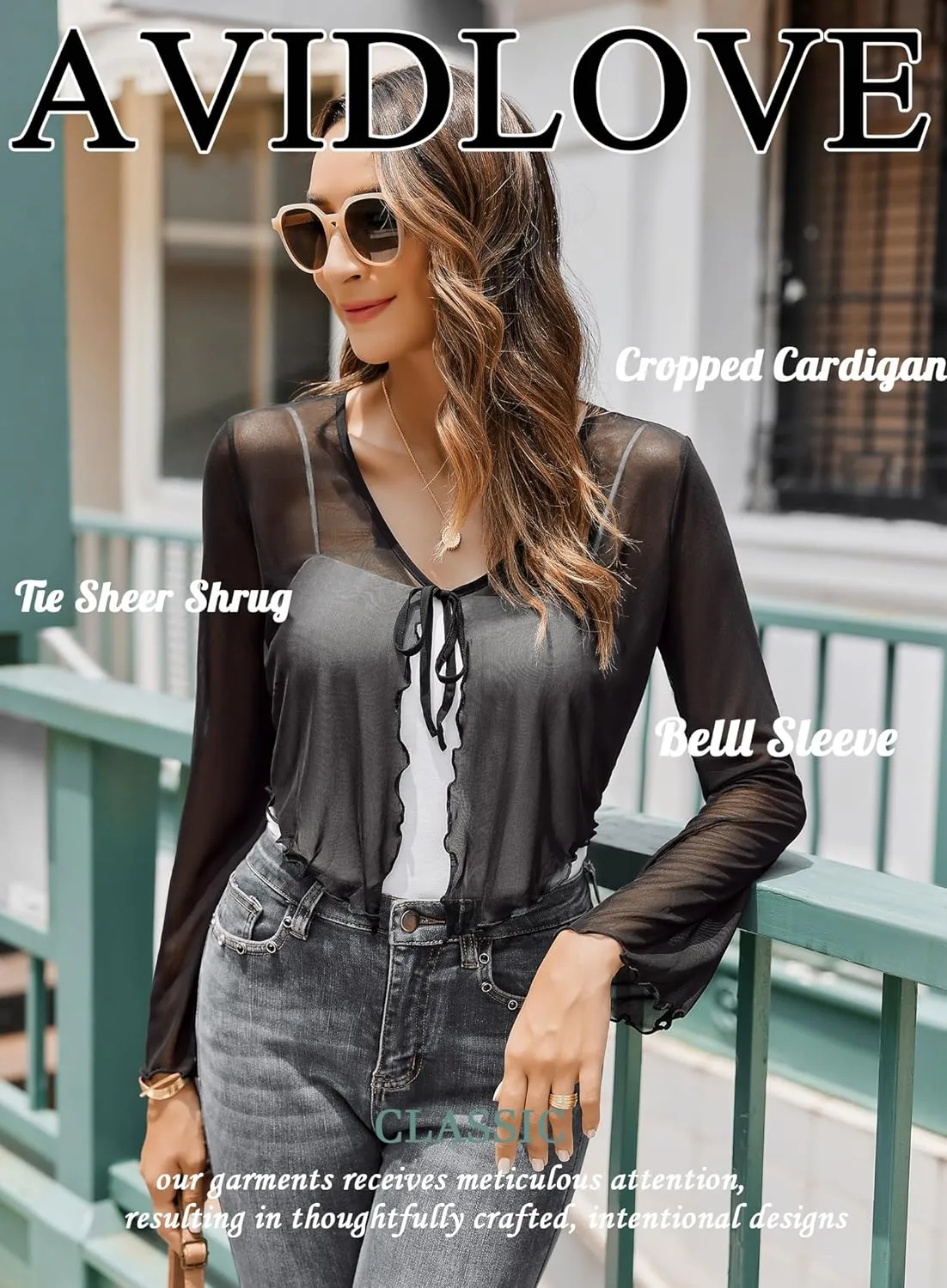 Avidlove Womens Sheer Shrug Tie Front Long Bell Sleeve Mesh Bolero Lightweight Summer Casual Short Shawl Top