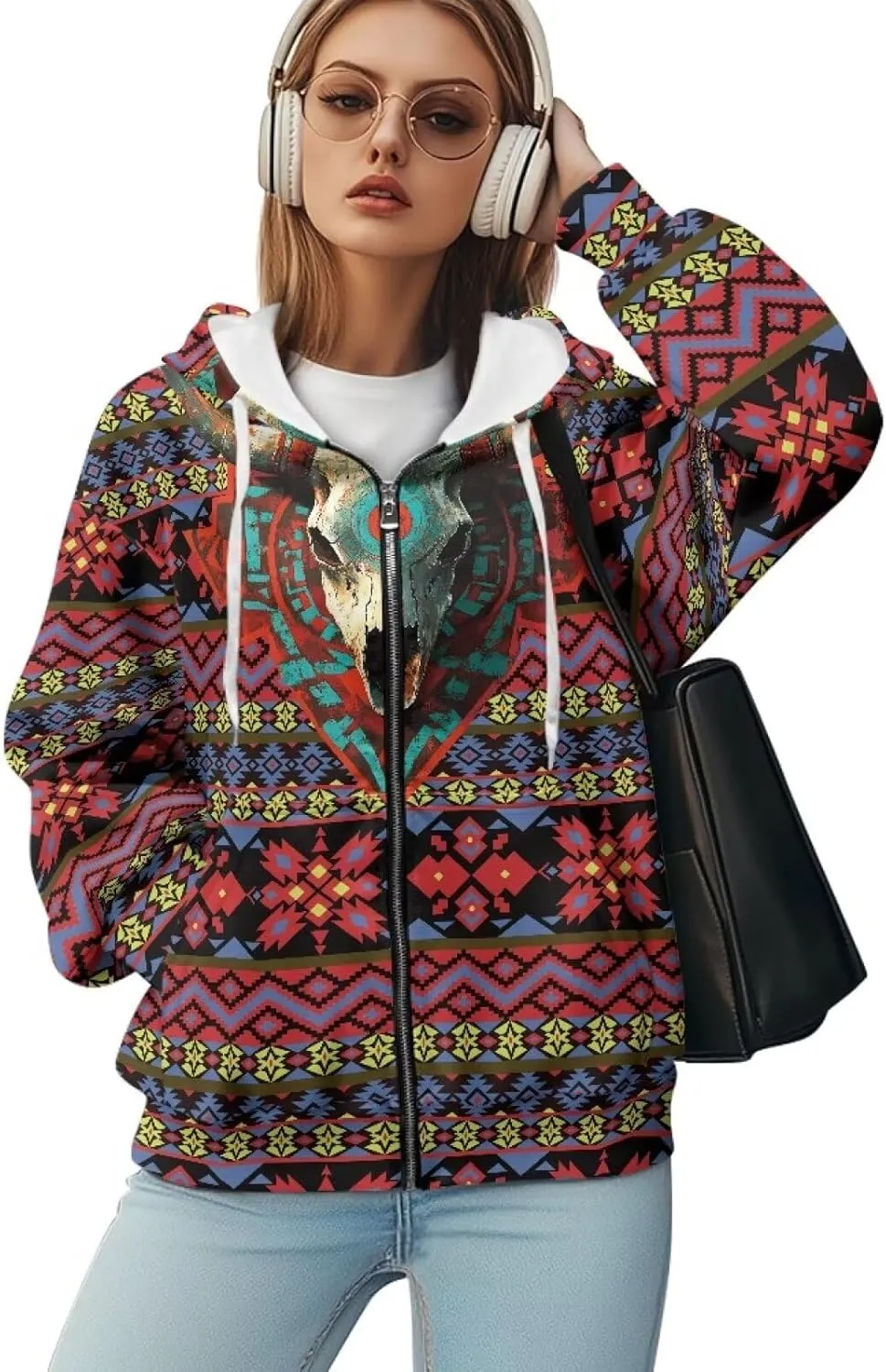 Aztec Zip up Hoodies for Women Western Geometric Print Western Ethnic Style Sweatshirts with Pocket Casual Jacket