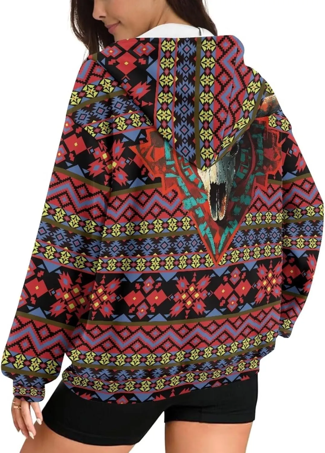 Aztec Zip up Hoodies for Women Western Geometric Print Western Ethnic Style Sweatshirts with Pocket Casual Jacket