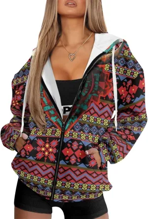 Aztec Zip up Hoodies for Women Western Geometric Print Western Ethnic Style Sweatshirts with Pocket Casual Jacket