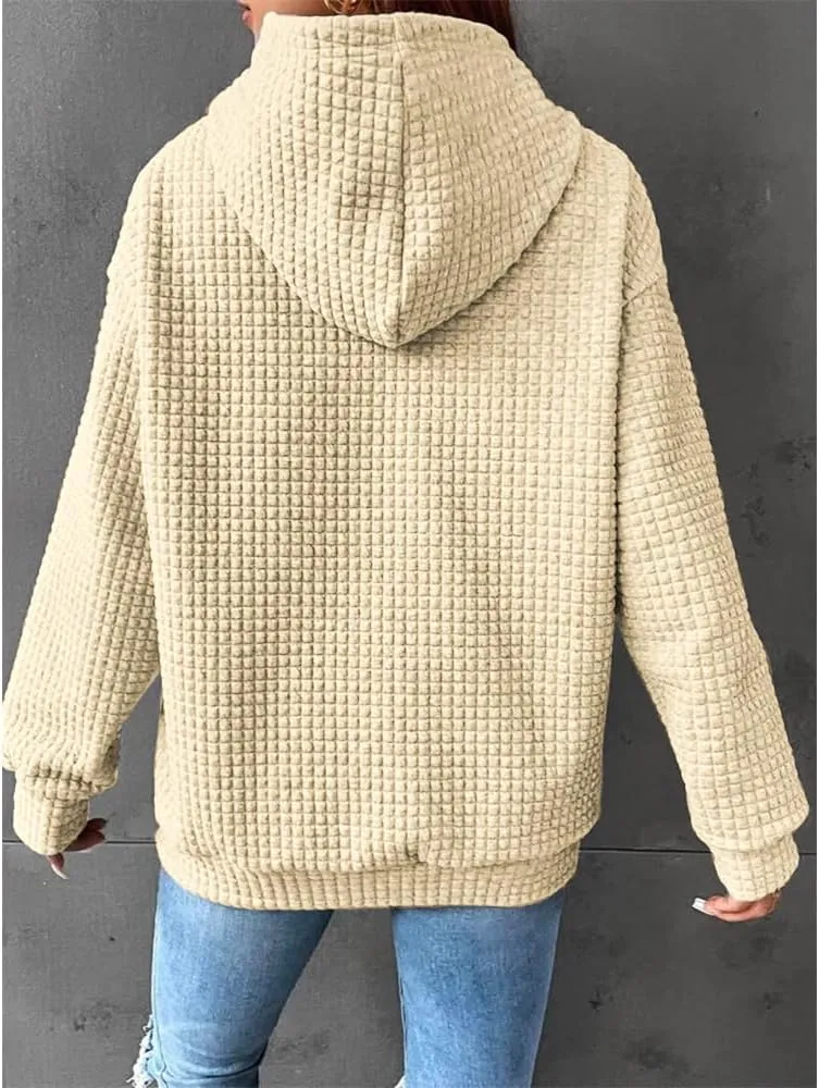 Bengbobar Womens Waffle Knit Hoodie Rugby 3D Print Pullover Sweatshirt Long Sleeve Baggy Hooded Tops Fall Winter Pullovers