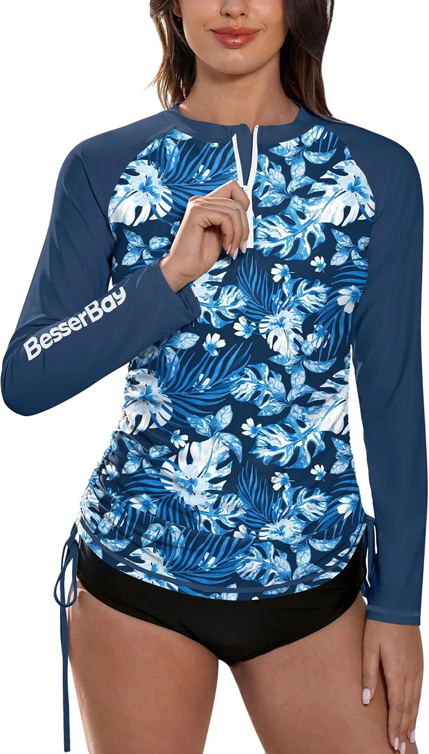 BesserBay Women's UPF 50  UV Sun Protection Rash Guard Shirt Half Zip Long Sleeve Ruched Tie Side Swim Top Swim Shirt
