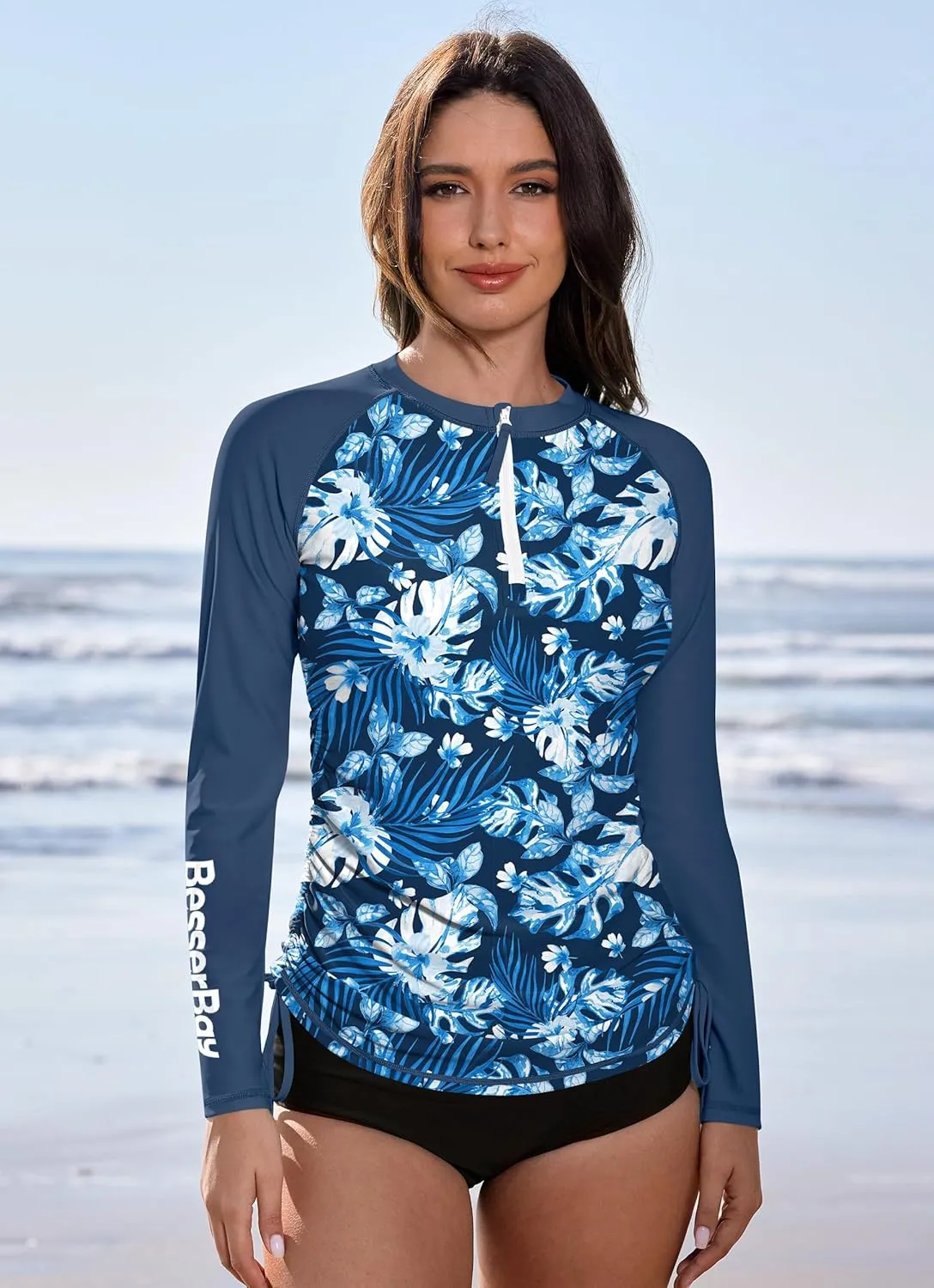 BesserBay Women's UPF 50  UV Sun Protection Rash Guard Shirt Half Zip Long Sleeve Ruched Tie Side Swim Top Swim Shirt