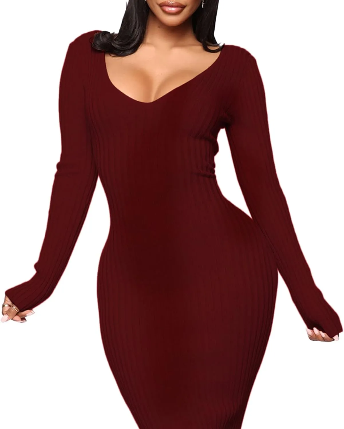 BestGirl Women's Sexy Ribbed Sweater Dresses Bodycon V Neck Off Shoulder Long Sleeve Lightweight Knit Midi Dress