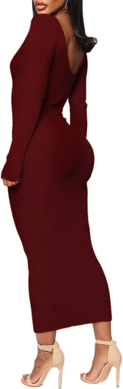 BestGirl Women's Sexy Ribbed Sweater Dresses Bodycon V Neck Off Shoulder Long Sleeve Lightweight Knit Midi Dress
