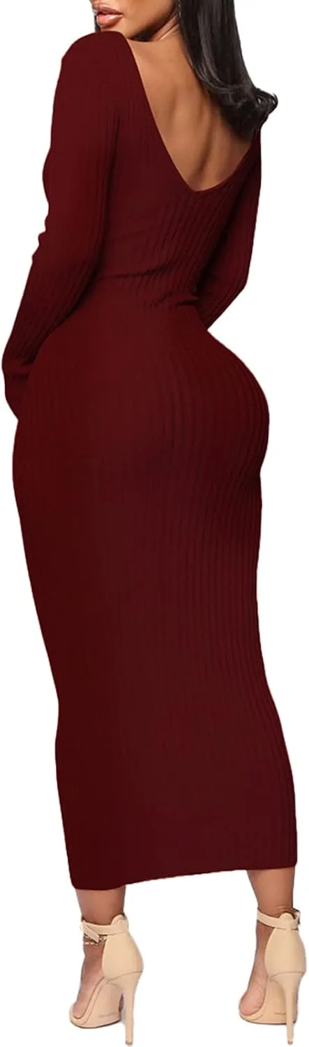 BestGirl Women's Sexy Ribbed Sweater Dresses Bodycon V Neck Off Shoulder Long Sleeve Lightweight Knit Midi Dress