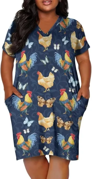 Biyejit Womens Plus Size Short Sleeve V Neck T-Shirt Dress with Pockets Casual Loose T-Shirt Dress for Beach Vacation