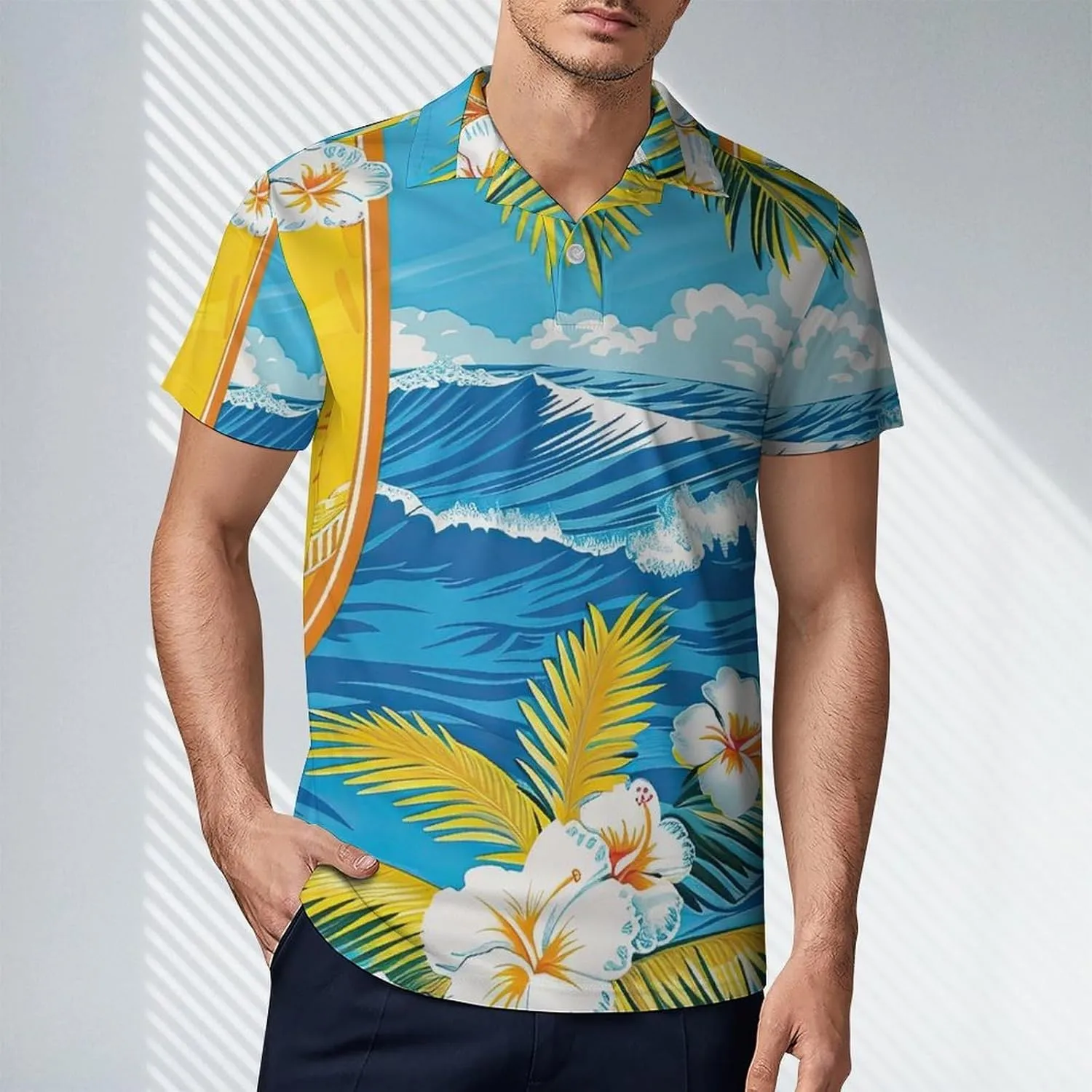 Black White Wolves Pattern Men's Polo Shirts Short Sleeve Blend Performance Fashion Business Casual Collared Shirts