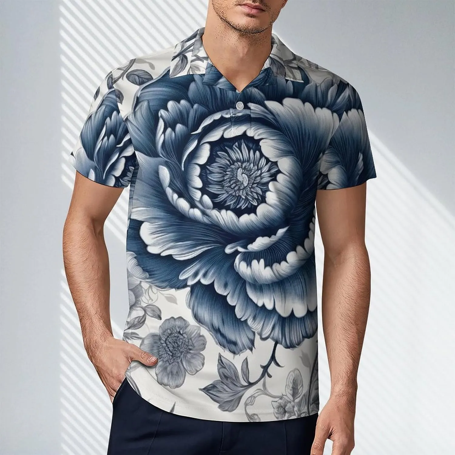 Black White Wolves Pattern Men's Polo Shirts Short Sleeve Blend Performance Fashion Business Casual Collared Shirts