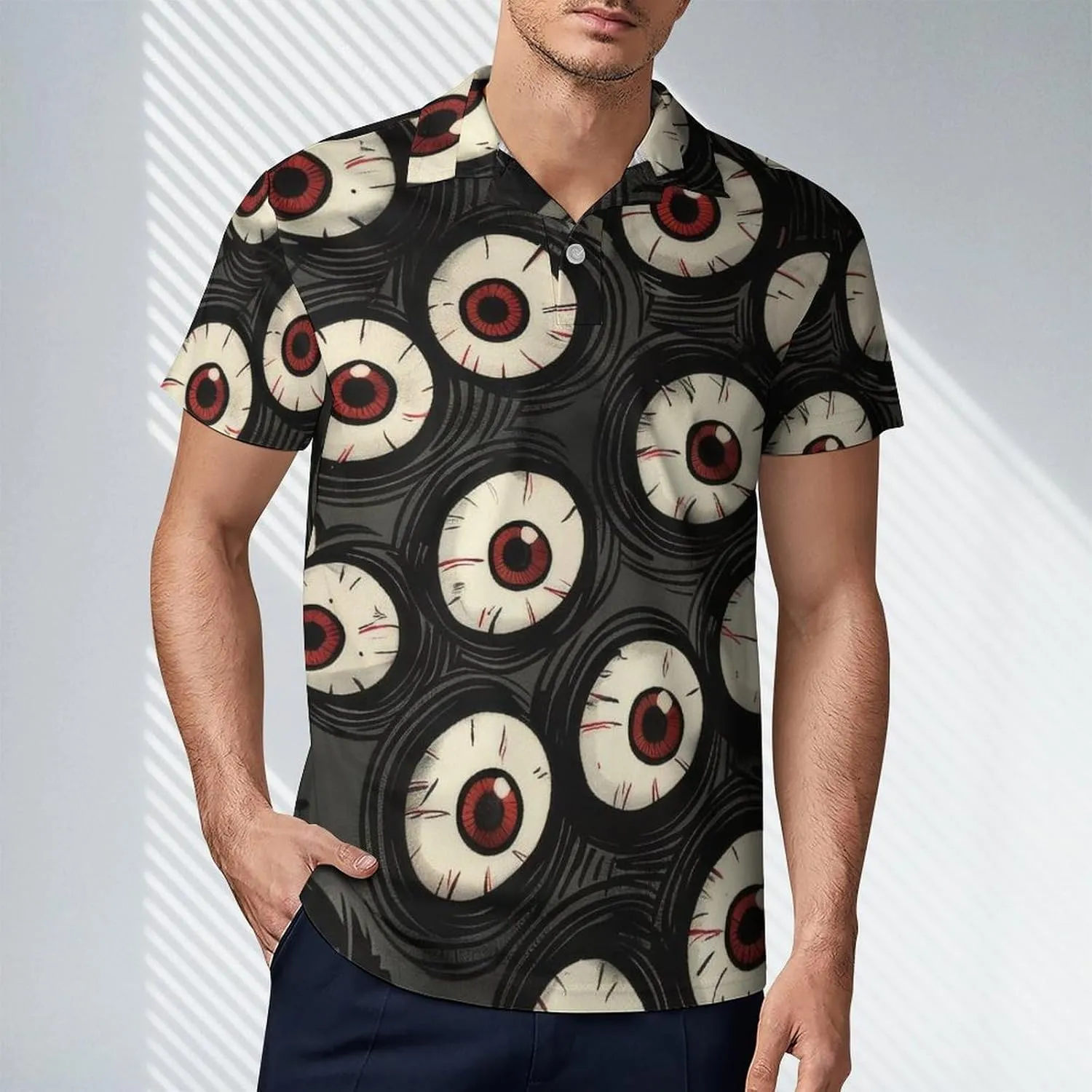 Black White Wolves Pattern Men's Polo Shirts Short Sleeve Blend Performance Fashion Business Casual Collared Shirts