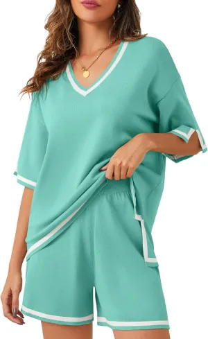 Bloggerlove Women Lightweight Knit Short Sets 2 Piece Lounge Sets Sweater Set for Women