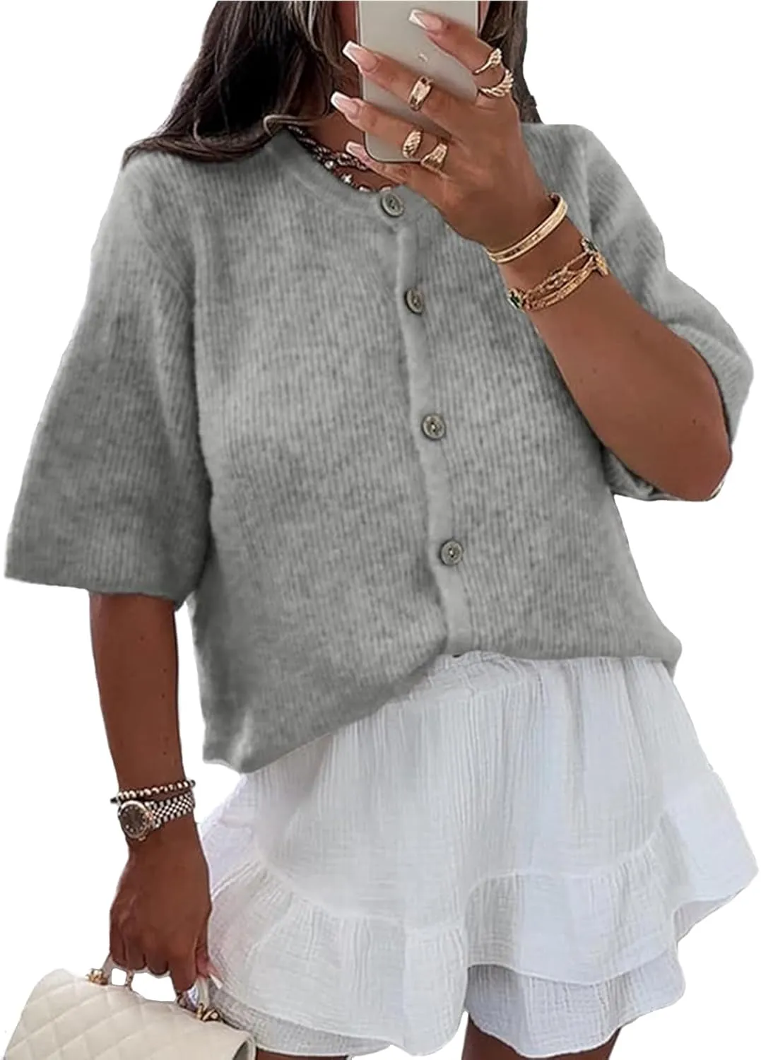 Blostirno Womens Short Sleeve Cardigan Button Down Open Front Sweater Y2K Ribbed Crop Knit Girls Outwear Loose Cute Tops