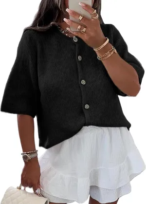 Blostirno Womens Short Sleeve Cardigan Button Down Open Front Sweater Y2K Ribbed Crop Knit Girls Outwear Loose Cute Tops