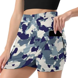 Blue and White Camouflage Women's Mini Tennis Skirt with Shorts Underneath Athletic Workout Cute Skorts