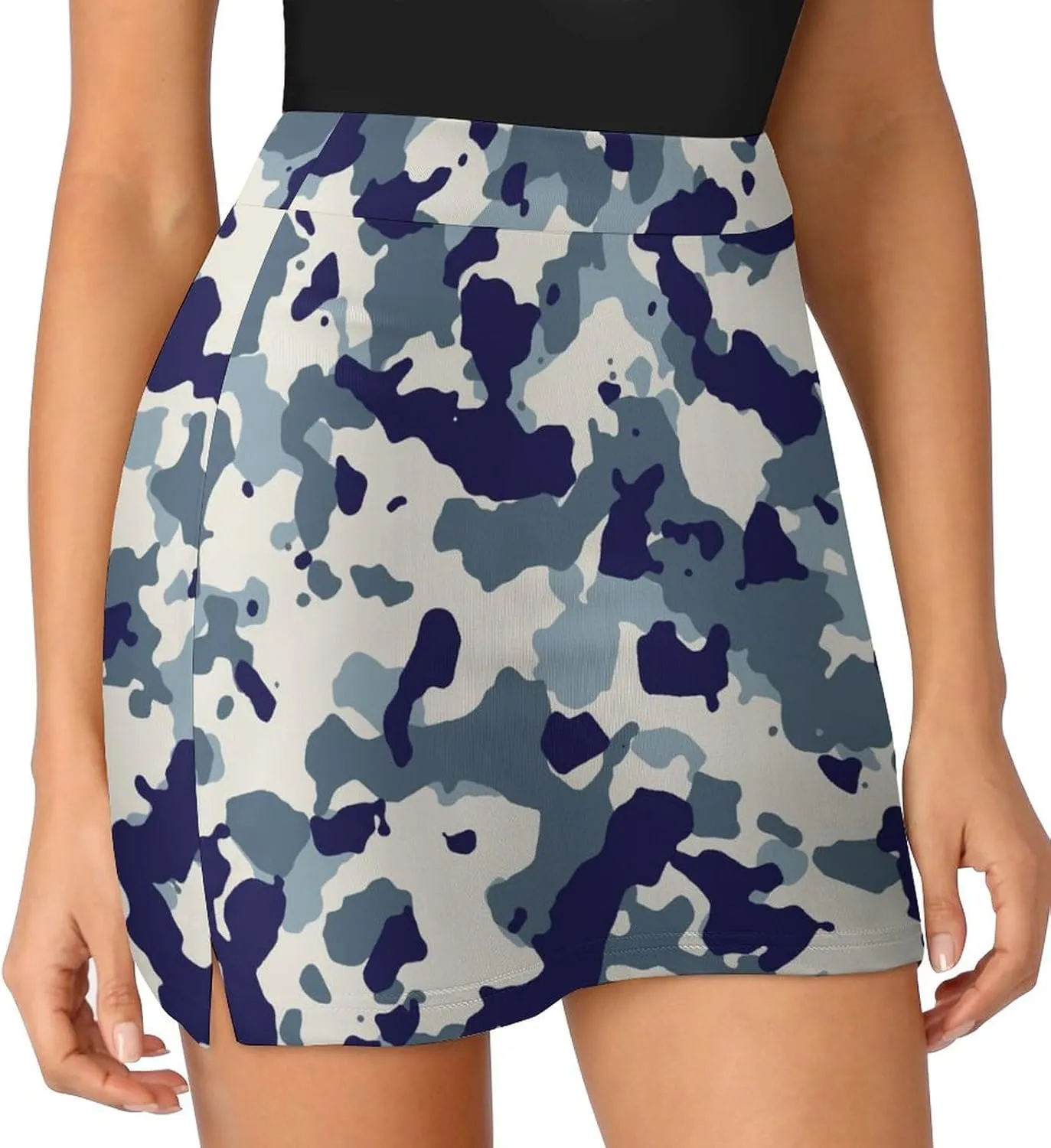 Blue and White Camouflage Women's Mini Tennis Skirt with Shorts Underneath Athletic Workout Cute Skorts