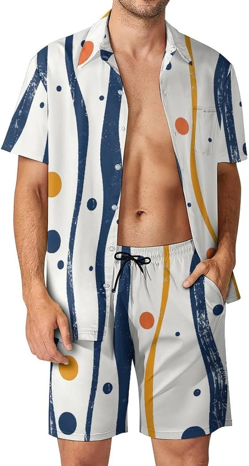 Blue Lines Pattern Mens Swimsuit 2 Pieces Set Quick Dry Shorts Shirts Summer Button Down Short Sleeve Set