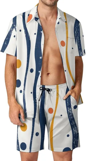 Blue Lines Pattern Mens Swimsuit 2 Pieces Set Quick Dry Shorts Shirts Summer Button Down Short Sleeve Set