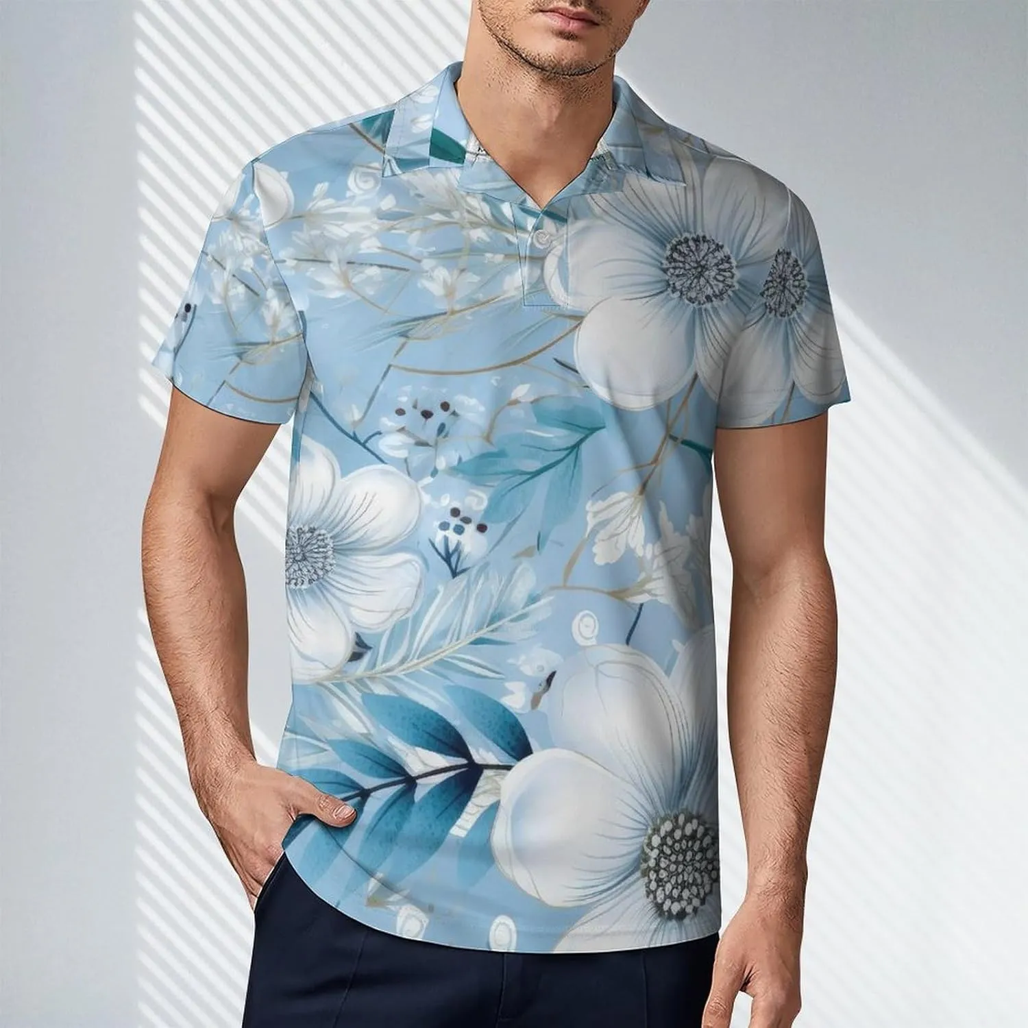 Blue Yellow Floral Rose Pattern Men's Short Sleeve Classic Fit Performance Moisture Wicking Polo (Available in Big & Tall)