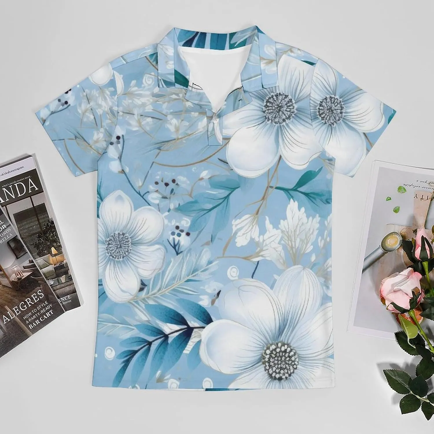 Blue Yellow Floral Rose Pattern Men's Short Sleeve Classic Fit Performance Moisture Wicking Polo (Available in Big & Tall)