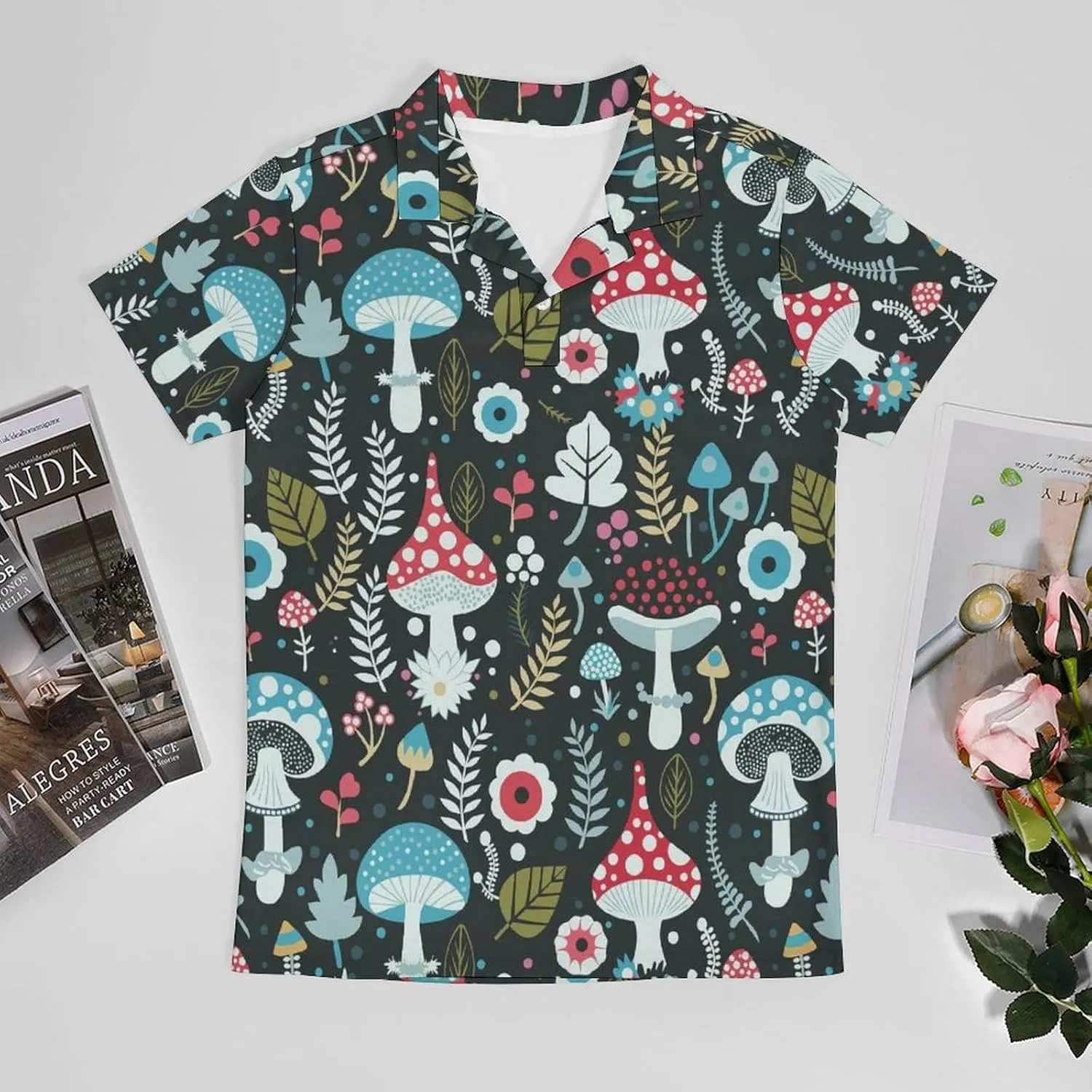Blue Yellow Floral Rose Pattern Men's Short Sleeve Classic Fit Performance Moisture Wicking Polo (Available in Big & Tall)