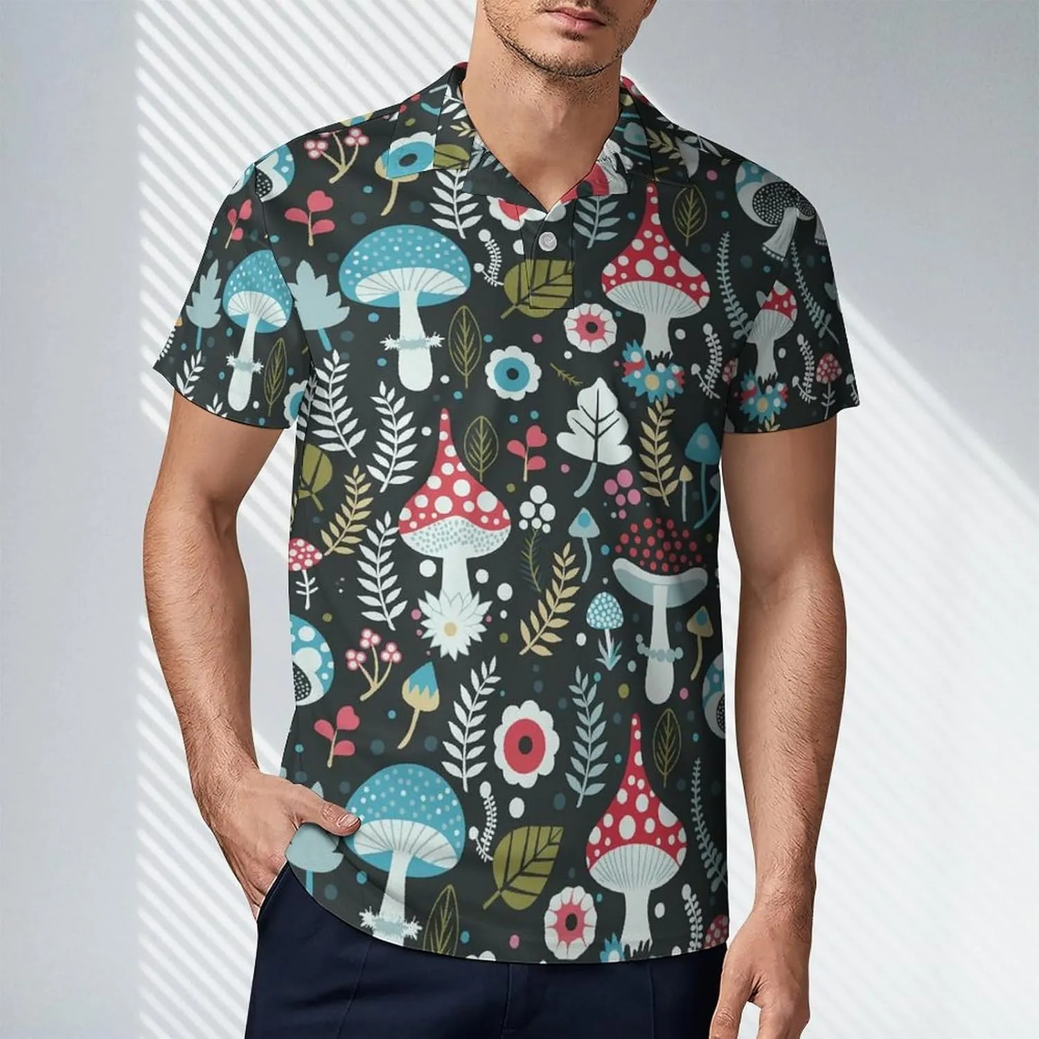 Blue Yellow Floral Rose Pattern Men's Short Sleeve Classic Fit Performance Moisture Wicking Polo (Available in Big & Tall)