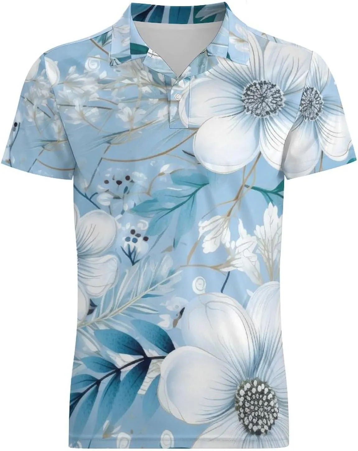 Blue Yellow Floral Rose Pattern Men's Short Sleeve Classic Fit Performance Moisture Wicking Polo (Available in Big & Tall)