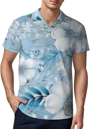 Blue Yellow Floral Rose Pattern Men's Short Sleeve Classic Fit Performance Moisture Wicking Polo (Available in Big & Tall)