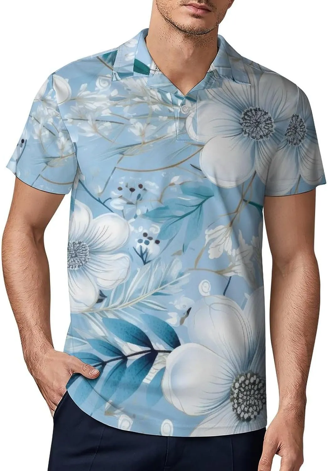 Blue Yellow Floral Rose Pattern Men's Short Sleeve Classic Fit Performance Moisture Wicking Polo (Available in Big & Tall)