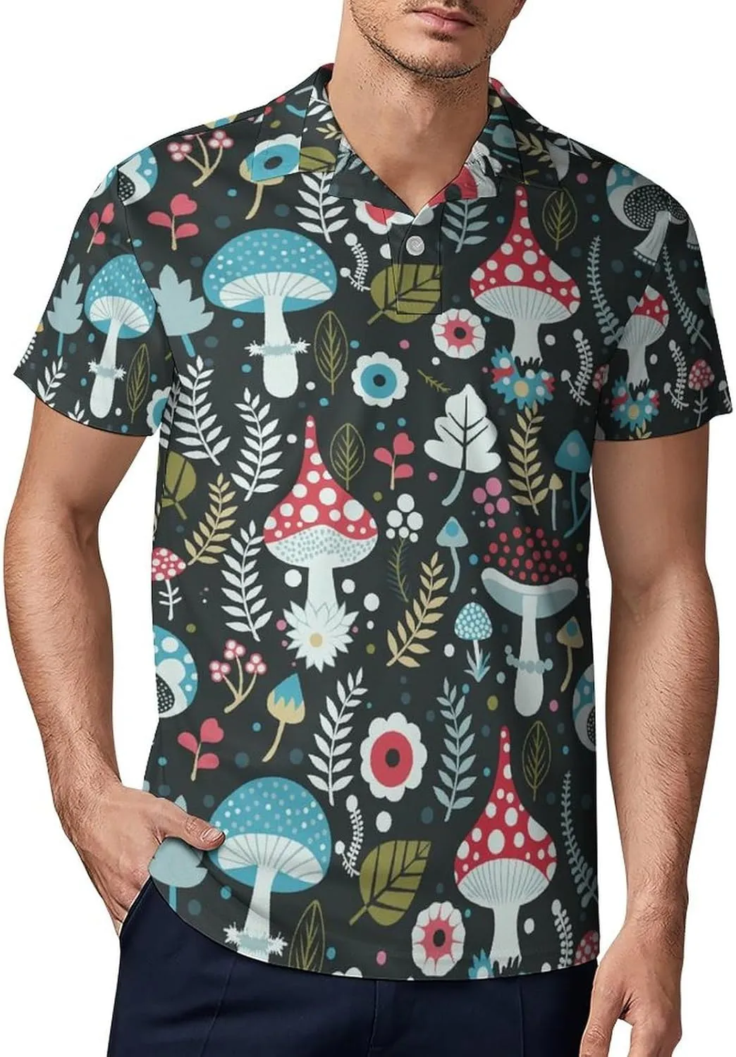 Blue Yellow Floral Rose Pattern Men's Short Sleeve Classic Fit Performance Moisture Wicking Polo (Available in Big & Tall)