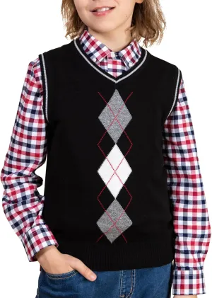 BOBOYOYO Boys Argyle Sweater Vest 100% Cotton V-Neck Vest Kids Uniform Sleeveless Sweaters for Children 5-12Y