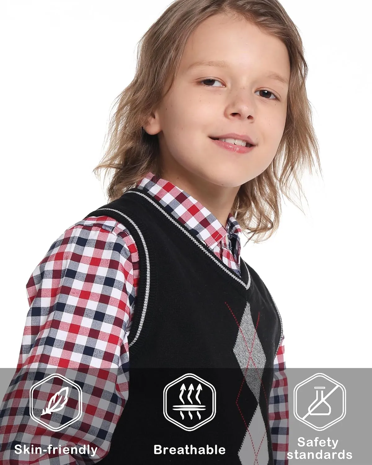 BOBOYOYO Boys Argyle Sweater Vest 100% Cotton V-Neck Vest Kids Uniform Sleeveless Sweaters for Children 5-12Y