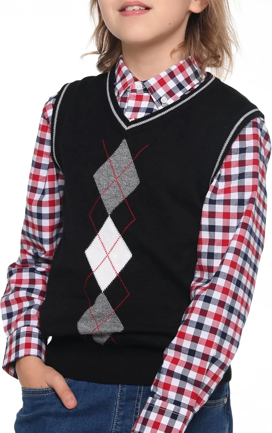 BOBOYOYO Boys Argyle Sweater Vest 100% Cotton V-Neck Vest Kids Uniform Sleeveless Sweaters for Children 5-12Y