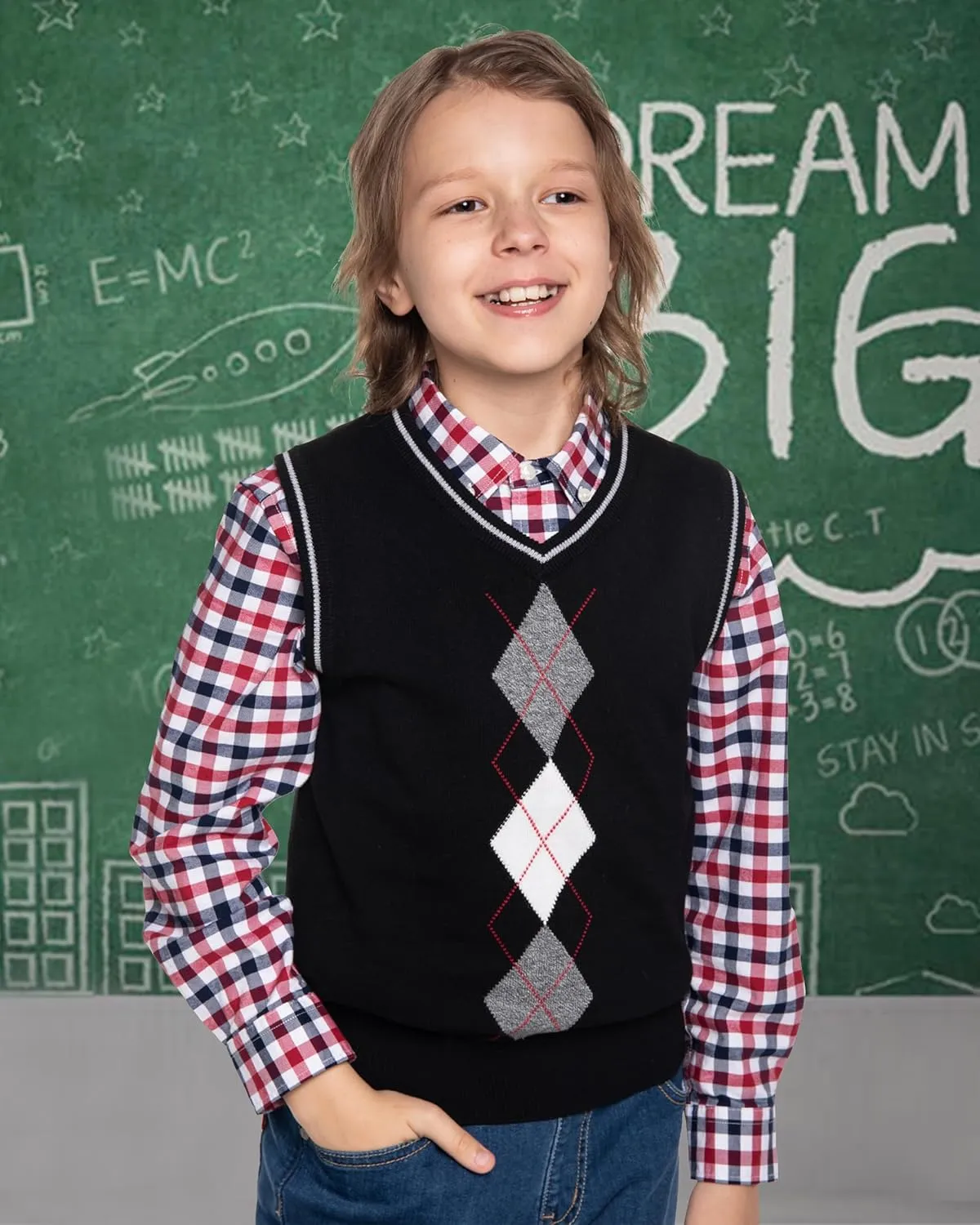 BOBOYOYO Boys Argyle Sweater Vest 100% Cotton V-Neck Vest Kids Uniform Sleeveless Sweaters for Children 5-12Y