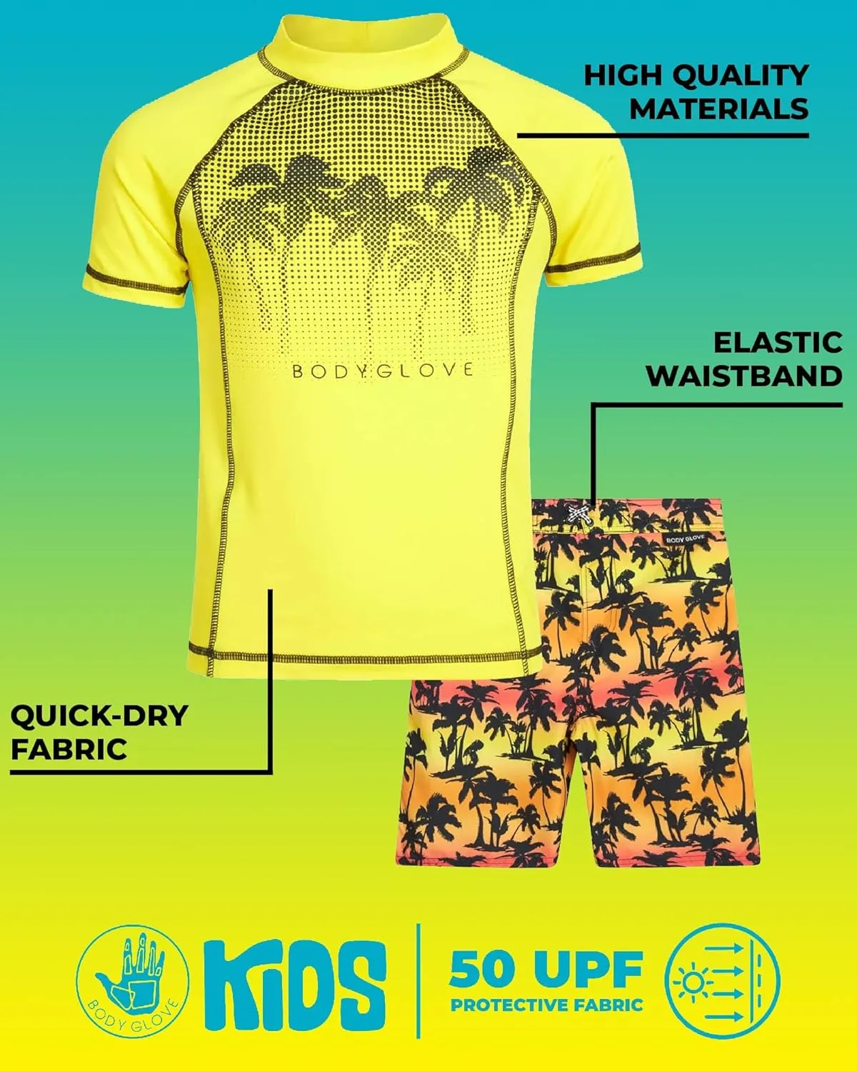 Body Glove Boys Rash Guard Set - UPF 50  Swim Shirt and Bathing Suit Trunks - Swimwear Set for Boys (4-12)