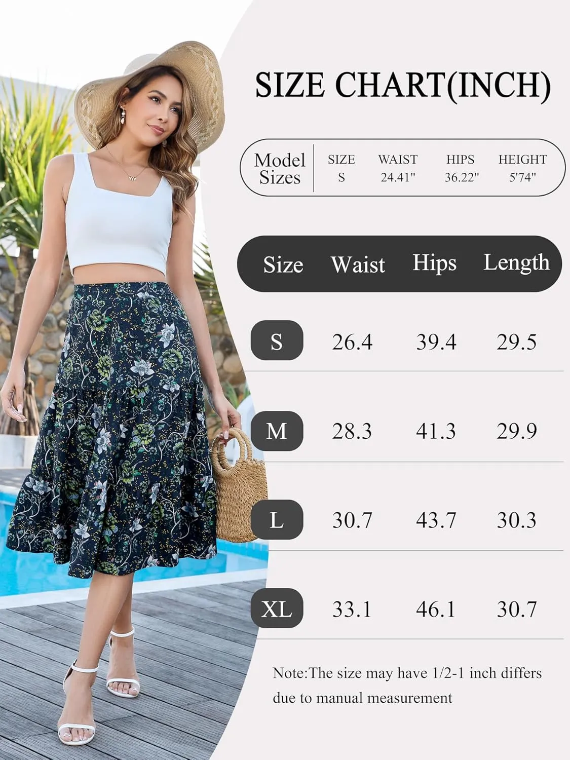 Boho Long Skirts for Women Flowy Summer Elastic Waist Skirt with Slit Midi Length Casual Skirt for Beach