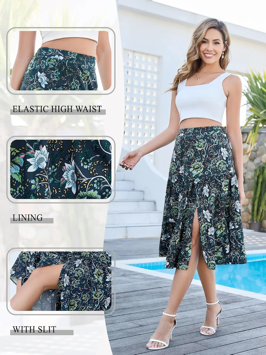Boho Long Skirts for Women Flowy Summer Elastic Waist Skirt with Slit Midi Length Casual Skirt for Beach