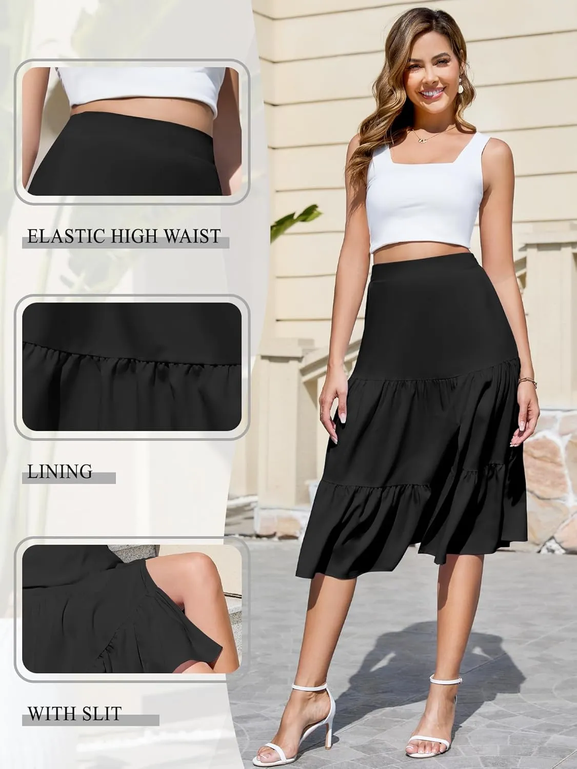 Boho Long Skirts for Women Flowy Summer Elastic Waist Skirt with Slit Midi Length Casual Skirt for Beach