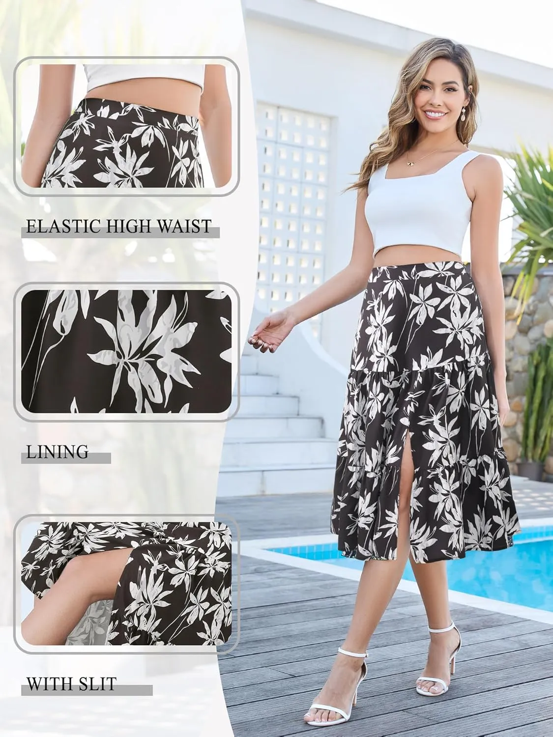 Boho Long Skirts for Women Flowy Summer Elastic Waist Skirt with Slit Midi Length Casual Skirt for Beach
