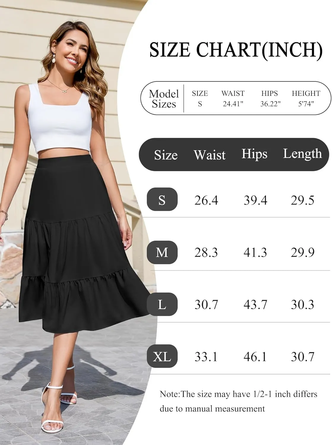 Boho Long Skirts for Women Flowy Summer Elastic Waist Skirt with Slit Midi Length Casual Skirt for Beach