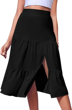 Boho Long Skirts for Women Flowy Summer Elastic Waist Skirt with Slit Midi Length Casual Skirt for Beach