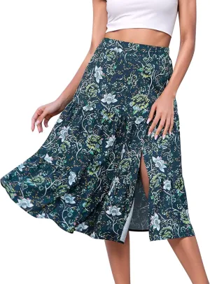 Boho Long Skirts for Women Flowy Summer Elastic Waist Skirt with Slit Midi Length Casual Skirt for Beach
