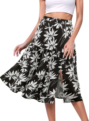 Boho Long Skirts for Women Flowy Summer Elastic Waist Skirt with Slit Midi Length Casual Skirt for Beach
