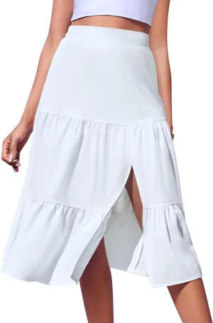 Boho Long Skirts for Women Flowy Summer Elastic Waist Skirt with Slit Midi Length Casual Skirt for Beach