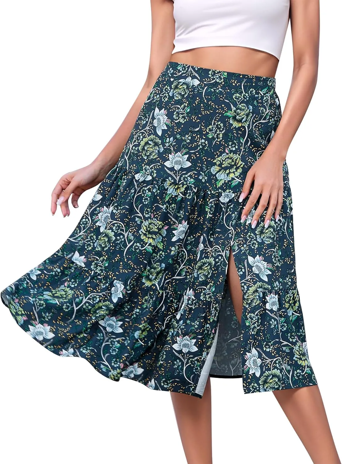 Boho Long Skirts for Women Flowy Summer Elastic Waist Skirt with Slit Midi Length Casual Skirt for Beach